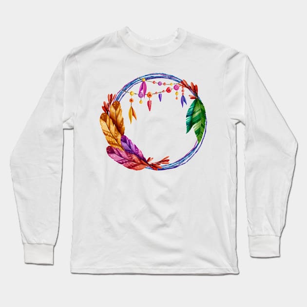 Watercolor Boho Frame Painted Long Sleeve T-Shirt by Mako Design 